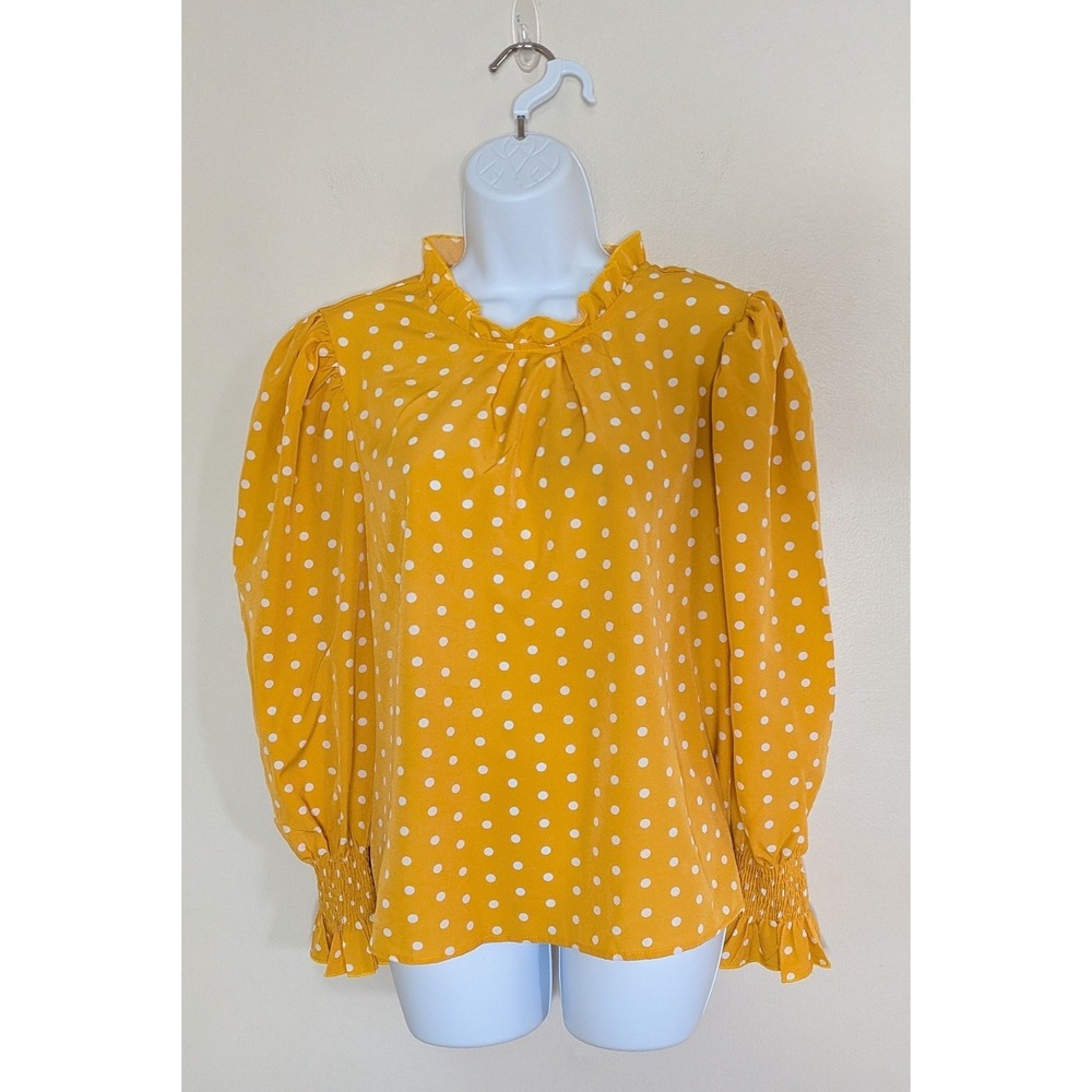 Polka Dot Sz XL Smocked Cuff Balloon Sleeve Ruffle Neck Top Whimisical Coquette